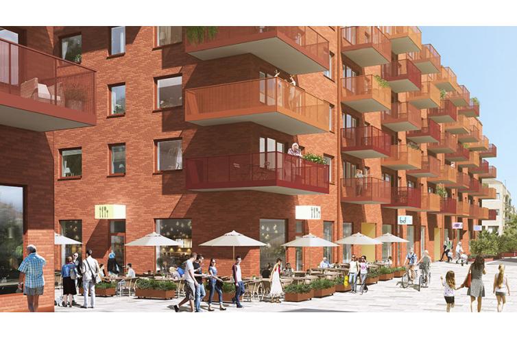 Visualisering Bergmansgatan 4-10_vy mot torget med restauranger i gatuplan_Gråsejen