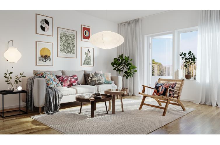 Bilden visar hur ett vardagsrum kan se ut i de nya lägenheterna.