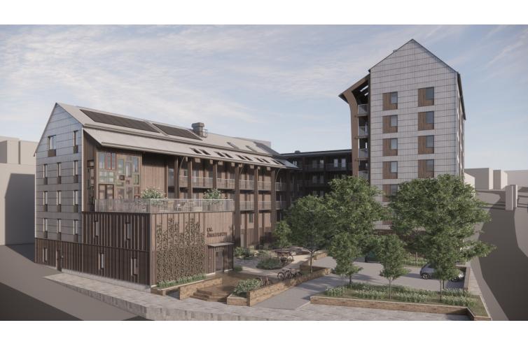 Renderad bild av kvarteret Återbruket