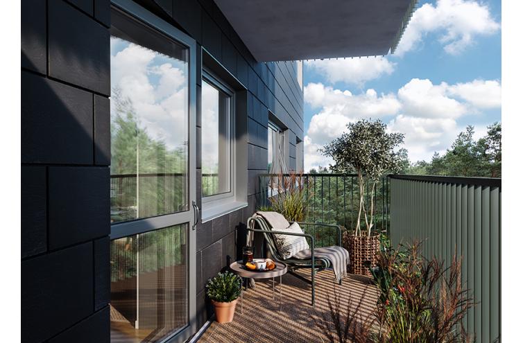 Bilden visar en illustration av hur en balkong kan se ut i de nya lägenheterna på Robertshöjdsgatan 